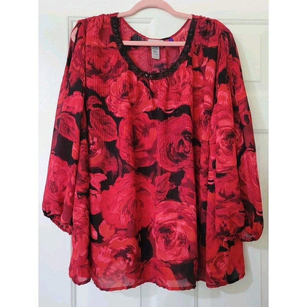 Red & Black Floral Blouse  Beaded Top Catherines Sz 2X 22/25WP Polyester Petite